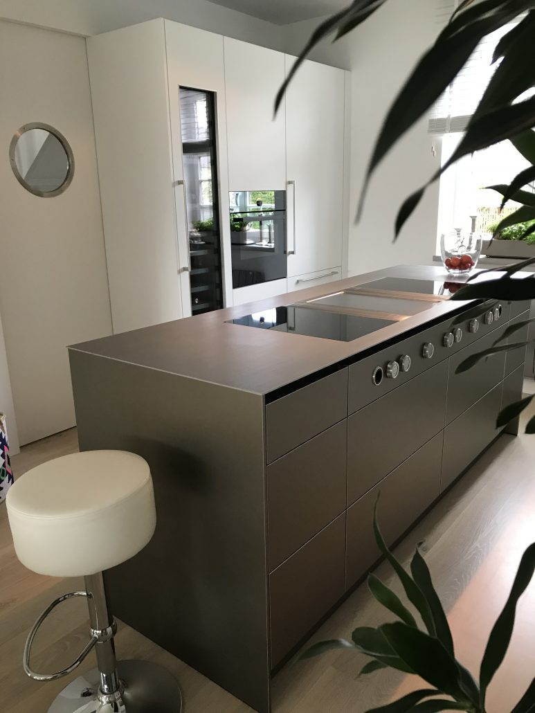 Eine Kücheninsel mit Edelstahl Arbeitsplatte und Fronten, weiße Schränke im Hintergrund mit Weinkühlschrank und Backofen, im Vordergrund Pflanzen.