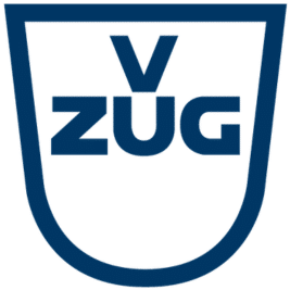 Logo der Firma V-ZUG in blau mit einem Schild drumherum.
